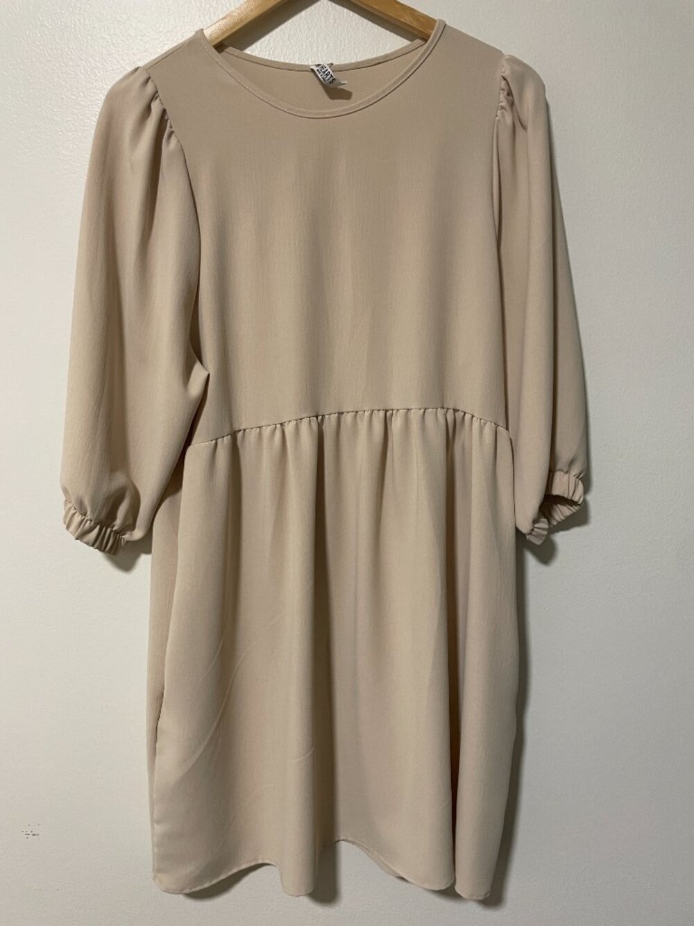 NEW Babydoll Dress Beige 3/4 Sleeve Large Pockets Lightweight Neutral Minimalist